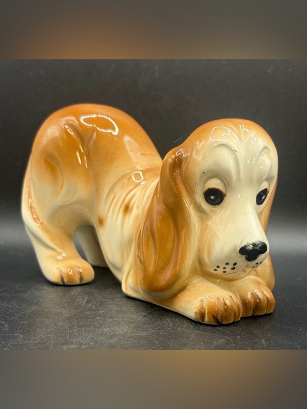 Vintage Hand Painted Ceramic Basset Hound Dog Puppy Figurine Collectible Figure